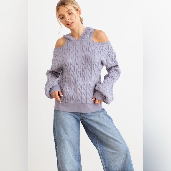 36 Point 5 -Slate Cable Knit Cold Shoulder
Hooded Sweater - Picture 4 of 5
